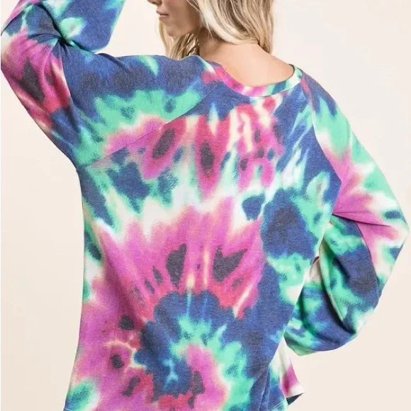 BiBi Tie Dye Print Terry Top with Puff Sleeves - Picture 5 of 10